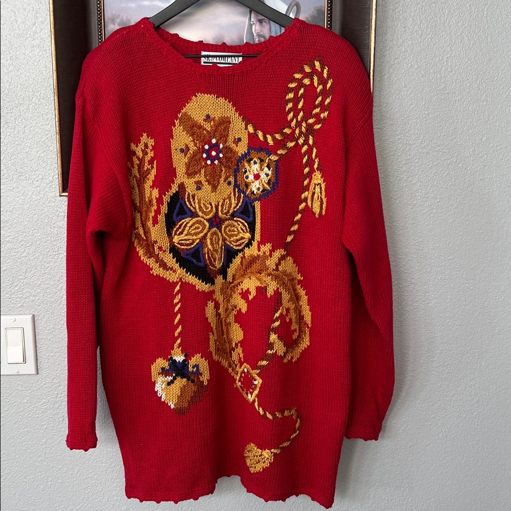 SK & COMPANY Vintage Holiday Eccentric Embroidered Pullover Sweater Red/Golden M